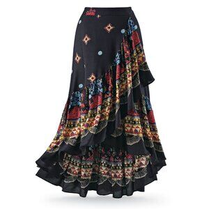 Pyramid Collection Faux-Wrap Boho Skirt, Border Print Ruffled Hemline